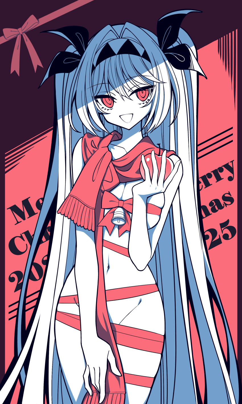 1girl 2025 absurdres apple bare_shoulders bell bow breasts christmas chunzhenzhiren_innocent cleavage collarbone commentary covering_crotch covering_privates food fruit groin hair_between_eyes hair_intakes hair_ribbon hand_up headband highres holding holding_food holding_fruit lilith_(the_noexistencen_of_you_and_me) long_hair looking_at_viewer medium_breasts merry_christmas naked_ribbon navel parted_lips red_background red_bow red_eyes red_scarf ribbon ringed_eyes scarf sideboob sidelocks skindentation smile solo standing stomach straight-on the_noexistencen_of_you_and_me thighs two_side_up very_long_hair white_hair