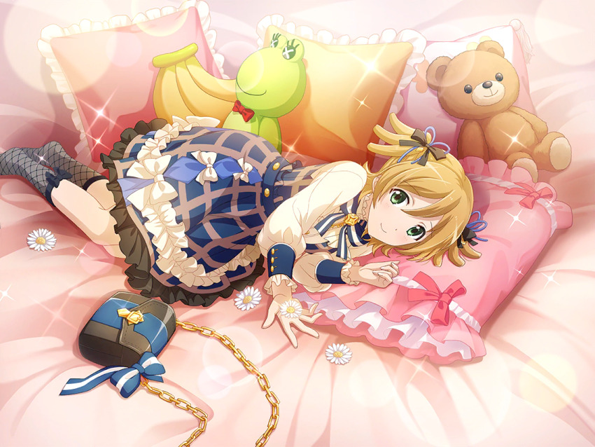 1girl banana black_bag blue_dress blue_ribbon closed_mouth daiba_nana daisy_(flower) dress fishnet_socks fishnets flower food frilled_dress frilled_sleeves frills fruit game_cg green_eyes long_sleeves looking_at_viewer lying neck_ribbon official_art on_side orange_hair pillow plaid_clothes plaid_dress ribbon shirt short_hair shoujo_kageki_revue_starlight shoujo_kageki_revue_starlight_-re_live- smile socks solo stuffed_animal stuffed_food stuffed_frog stuffed_toy twintails white_shirt