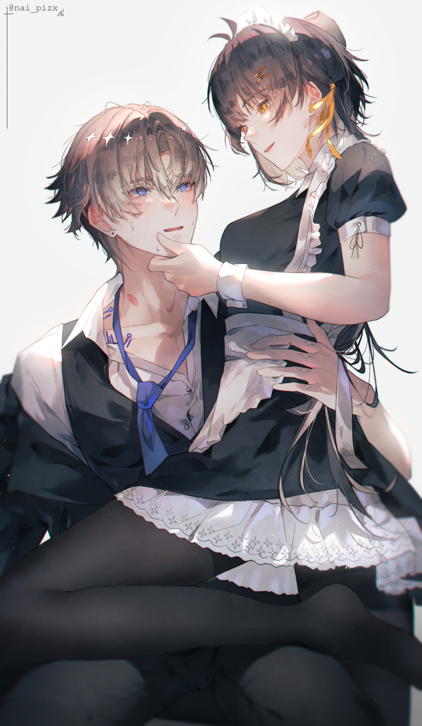 1boy 1girl alternate_costume apron assertive_female black_dress black_hair black_pants black_pantyhose blue_eyes blue_necktie blush body_markings breasts brown_hair collarbone commentary_request dress enmaided female_rover_(wuthering_waves) hair_ornament hair_ribbon hairclip hand_on_own_chin highres lipstick_mark lipstick_mark_on_neck looking_at_another loose_necktie maid maid_headdress medium_breasts nai_pizx necktie pants pantyhose parallel_hairclips ribbon rover_(wuthering_waves) shirt short_hair sitting smile sweat twitter_username white_shirt wuthering_waves xiangli_yao_(wuthering_waves) yellow_eyes yellow_ribbon
