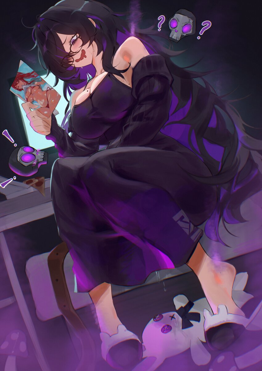 ! 1girl ? absurdres animal_slippers black_dress black_hair book breasts cleavage colored_inner_hair commentary dress drooling english_commentary female_pervert glasses goddess_of_victory:_nikke highres hirosenpai holding holding_book label_(nikke) large_breasts long_hair manga_(object) mole mole_on_breast monitor mouth_drool multicolored_hair pervert purple_eyes purple_hair rapi_(nikke) rapi_(red_hood)_(nikke) rapi_(red_hood)_(red_flavor)_(nikke) sitting skull slippers solo two-tone_hair very_long_hair