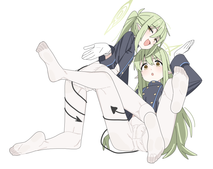 2girls :d :o absurdres ass black_jacket blue_archive buttons commentary_request demon_tail double-breasted fang feet gloves green_hair green_halo half-closed_eyes halo highres hikari_(blue_archive) jacket long_hair long_sleeves looking_at_viewer mangpum_(taro109210) multiple_girls nozomi_(blue_archive) open_mouth panties panties_under_pantyhose pantyhose pointy_ears simple_background skin_fang smile spread_legs tail tail_wrap thighs toes twintails underwear white_background white_gloves white_panties white_pantyhose yellow_eyes