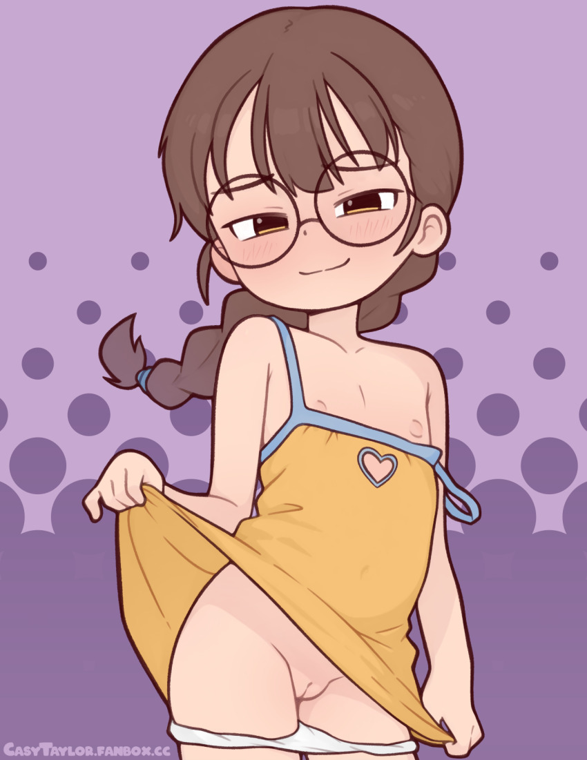 1girl blush borrowed_character bottomless braid brown_hair casytay clothes_lift collarbone dress dress_lift flat_chest glasses highres loli long_hair mesugaki mesugaki_(orenji) nipples panties panty_pull polka_dot polka_dot_background purple_background pussy sleeveless sleeveless_dress smile strapless strapless_dress uncensored underwear white_panties yellow_dress