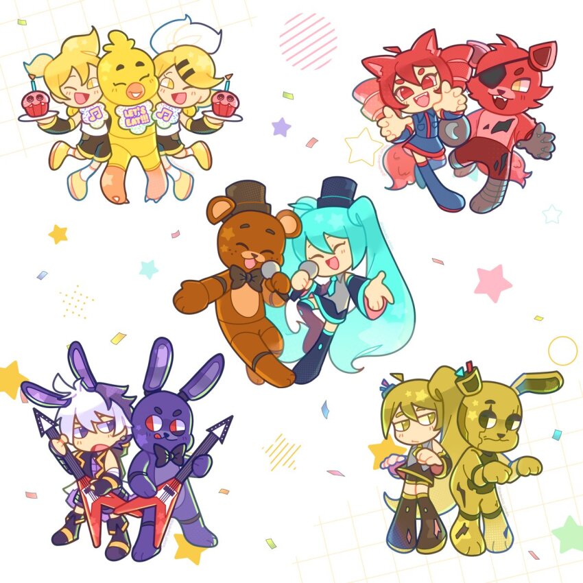 1boy 5girls akita_neru animal_ears bib black_boots black_bow black_bowtie black_shirt black_shorts blonde_hair blue_hair bonnie_(fnaf) boots bow bowtie brother_and_sister chica closed_eyes crossover cupcake_(fnaf) eyepatch five_nights_at_freddy's flower_(vocaloid) fox_ears fox_tail foxy_(fnaf) freddy_fazbear grey_shirt guitar hair_ornament hairclip hat hatsune_miku highres holding holding_guitar holding_instrument holding_microphone instrument kagamine_len kagamine_rin kasane_teto kemonomimi_mode long_hair microphone multiple_girls music notched_ear open_mouth outstretched_arms paranoid_ghosts red_hair shirt shorts siblings singing springtrap star_(symbol) tail thigh_boots top_hat twins utau very_long_hair vocaloid yellow_eyes zombie_pose