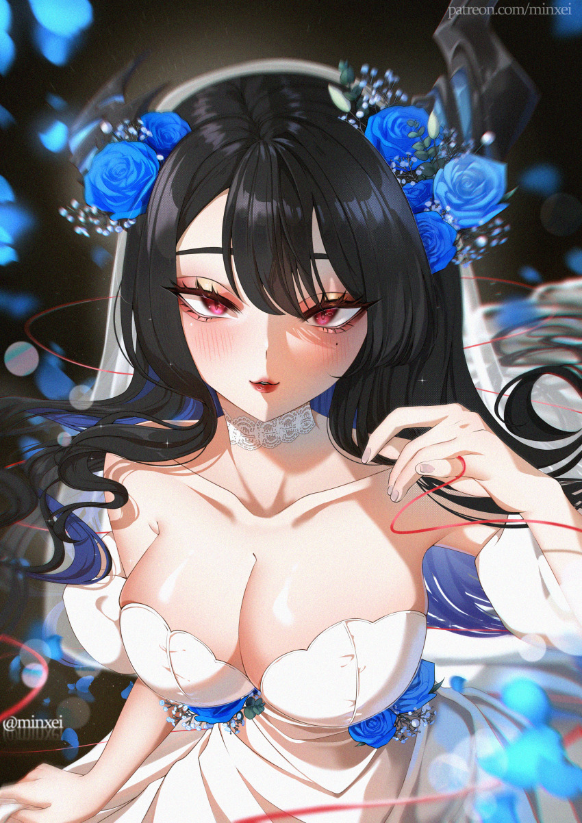 1girl absurdres asymmetrical_horns black_hair blue_flower blue_hair blue_rose blush breasts choker cleavage collarbone commentary_request demon_horns dress flower hair_flower hair_ornament hand_up highres hololive hololive_english horns large_breasts long_hair looking_at_viewer minxei mole mole_under_eye multicolored_hair nerissa_ravencroft parted_lips red_eyes red_lips rose slit_pupils solo string string_of_fate two-tone_hair uneven_horns upper_body very_long_hair virtual_youtuber wedding_dress white_choker white_dress