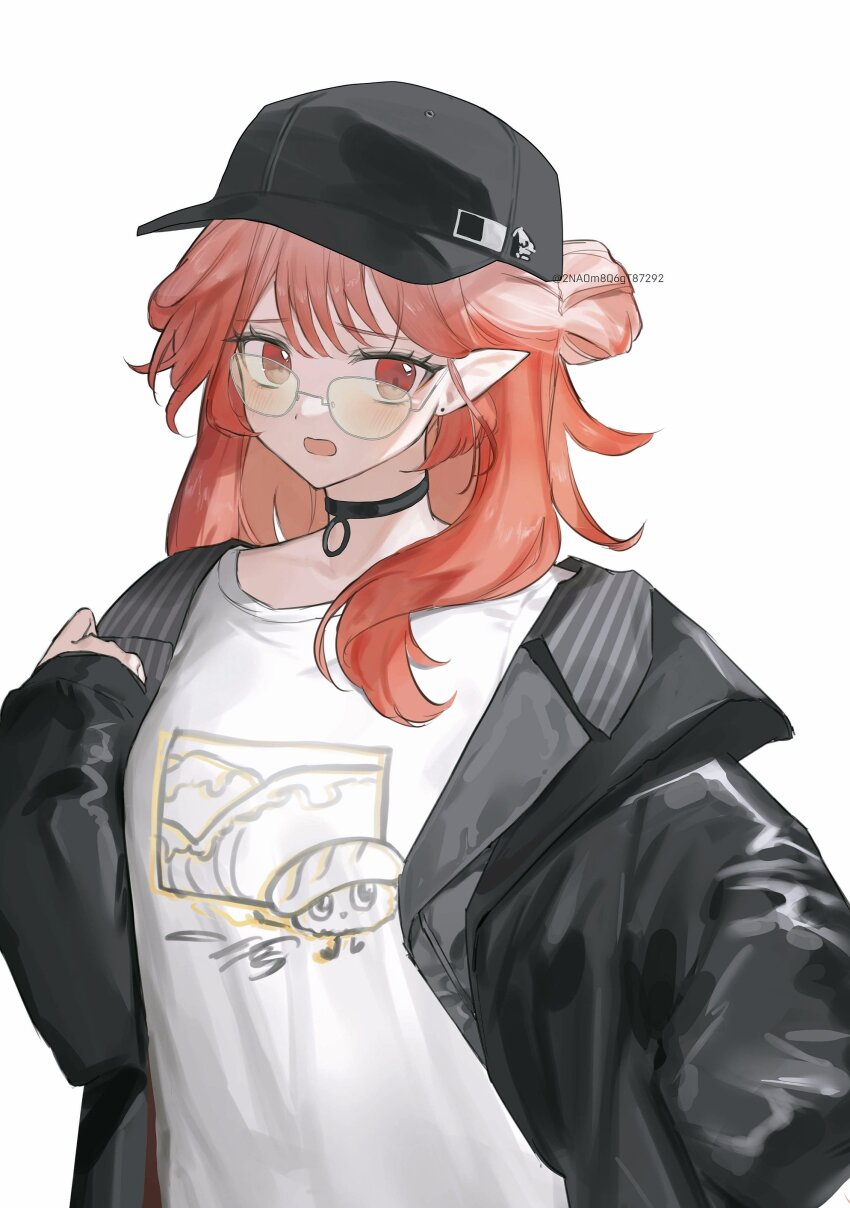 1girl 2naom8q6gt87292 absurdres arknights black_choker black_hat black_jacket blush choker commentary earrings english_commentary glasses hair_behind_ear hand_up haruka_(arknights) haruka_(casual)_(arknights) hat highres jacket jewelry long_hair mixed-language_commentary official_alternate_costume open_clothes open_jacket open_mouth orange_hair peaked_cap pointy_ears red_eyes shirt simple_background single_sleeve_past_wrist solo t-shirt twitter_username watermark white_background white_shirt