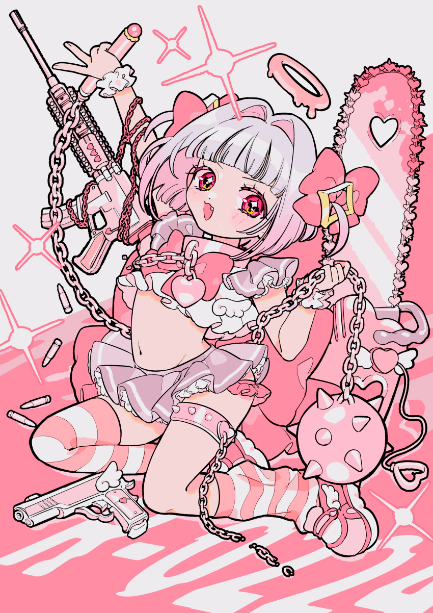 1girl absurdres arm_up artist_request assault_rifle ball_and_chain_(weapon) bow broken broken_chain bullet chain chainsaw character_name collar commission fang flat_chest full_body gradient_hair gun hair_bow hair_intakes halo handgun highres holding holding_chain holding_weapon kneeling leg_warmers m1911 m4_carbine microskirt multicolored_hair open_mouth original petite pink_bow pink_collar pink_hair pink_halo pink_shoes pink_skirt pink_thighhighs r-0224 red_eyes rifle second-party_source shirt shoes short_sleeves single_thighhigh skirt solo spiked_ball_and_chain star-shaped_pupils star_(symbol) stomach striped_clothes striped_thighhighs symbol-shaped_pupils thigh_strap thighhighs two_side_up weapon white_hair white_shirt white_wrist_cuffs wrist_cuffs