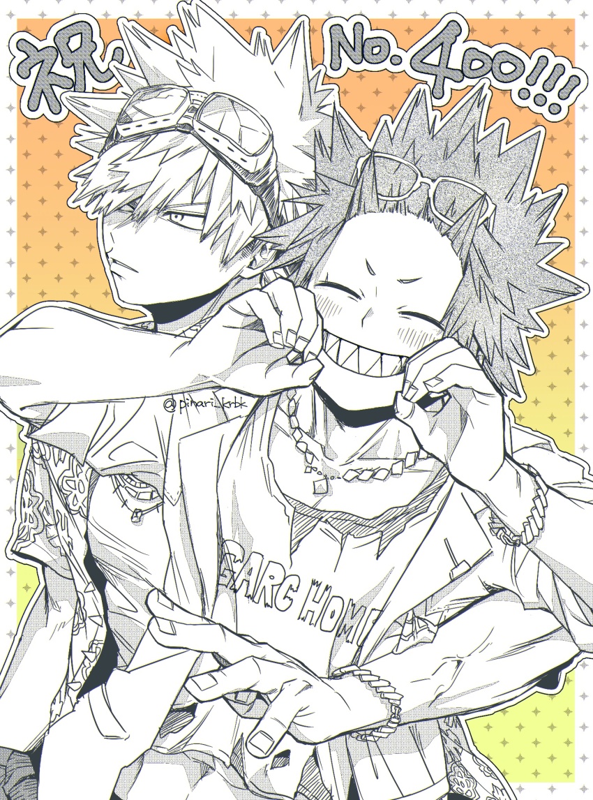 2boys arm_hug bakugou_katsuki boku_no_hero_academia bracelet commentary_request eyewear_on_head facing_viewer fingernails goggles goggles_on_head greyscale_with_colored_background grin hand_in_pocket highres jewelry kirishima_eijiro male_focus multiple_boys open_clothes open_shirt sharp_teeth short_hair smile spiked spiked_hair teeth translation_request tsukota