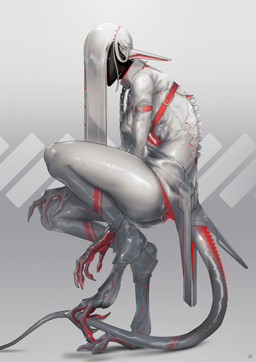 1girl absurdres black_skin bodysuit breasts chain clawed_feet collar colored_skin commentary_request echanis_enicha grey_collar hair_over_face highres long_hair mechanical_ears metal_collar monster_girl original skin_tight solo tail white_bodysuit white_hair