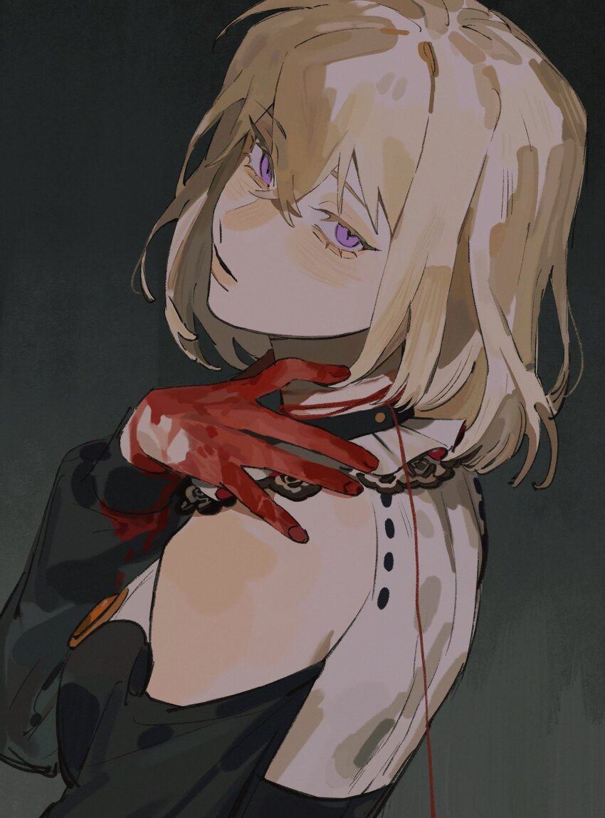 1girl bang_dream! bang_dream!_it's_mygo!!!!! black_dress blonde_hair blood blood_on_hands blush commentary crossed_bangs doloris_(bang_dream!) dress english_commentary hair_between_eyes highres long_hair looking_at_viewer misumi_uika purple_eyes solo sophie_(bang_dream!) strangulation_mark string string_of_fate uikaposting upper_body