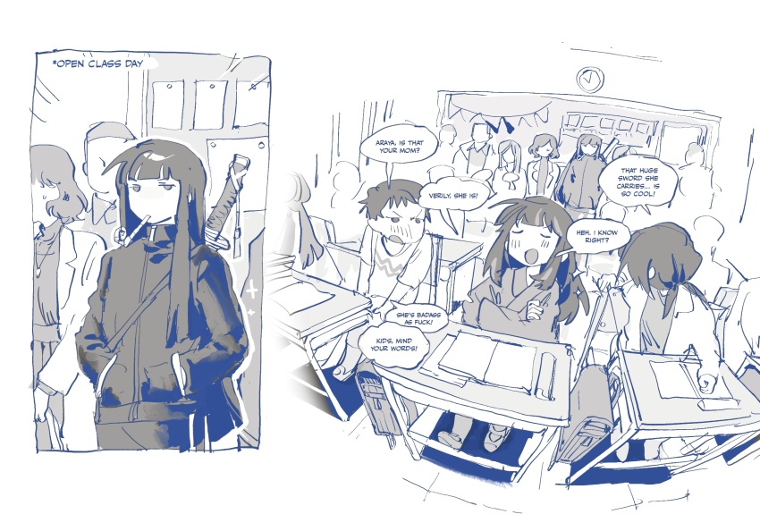 4boys 5girls araya_(project_moon) backpack bad_tag bag blush classroom closed_eyes crossed_arms desk greyscale hands_in_pockets highres indoors jacket japanese_clothes kampuzu kimono limbus_company low_twintails monochrome mother_and_daughter multiple_boys multiple_girls open_mouth people project_moon randoseru ryoshu_(project_moon) school smile track_jacket twintails