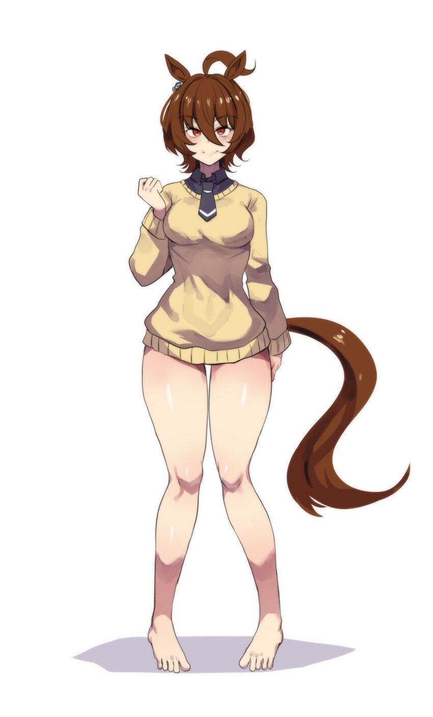 1girl adapted_costume agnes_tachyon_(tach-nology)_(umamusume) agnes_tachyon_(umamusume) ahoge animal_ears black_necktie blush breasts brown_hair chemical_structure closed_mouth commentary earrings english_commentary full_body hair_between_eyes highres hinghoi horse_ears horse_girl horse_tail huge_ahoge jewelry large_breasts long_sleeves looking_at_viewer necktie no_pants red_eyes shirt short_hair short_necktie single_earring smile solo sweater sweater_vest tail umamusume yellow_sweater yellow_sweater_vest