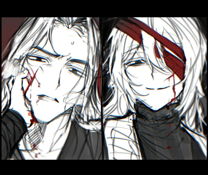 2boys blood blood_on_face chanil_(muexlku) closed_mouth commentary_request green_eyes hair_intakes hand_on_another's_face highres hong_lu_(project_moon) hongyuan_(identity)_(project_moon) korean_commentary limbus_company looking_at_viewer meursault_(project_moon) multiple_boys parted_lips project_moon red_bandage scar smile spot_color steam