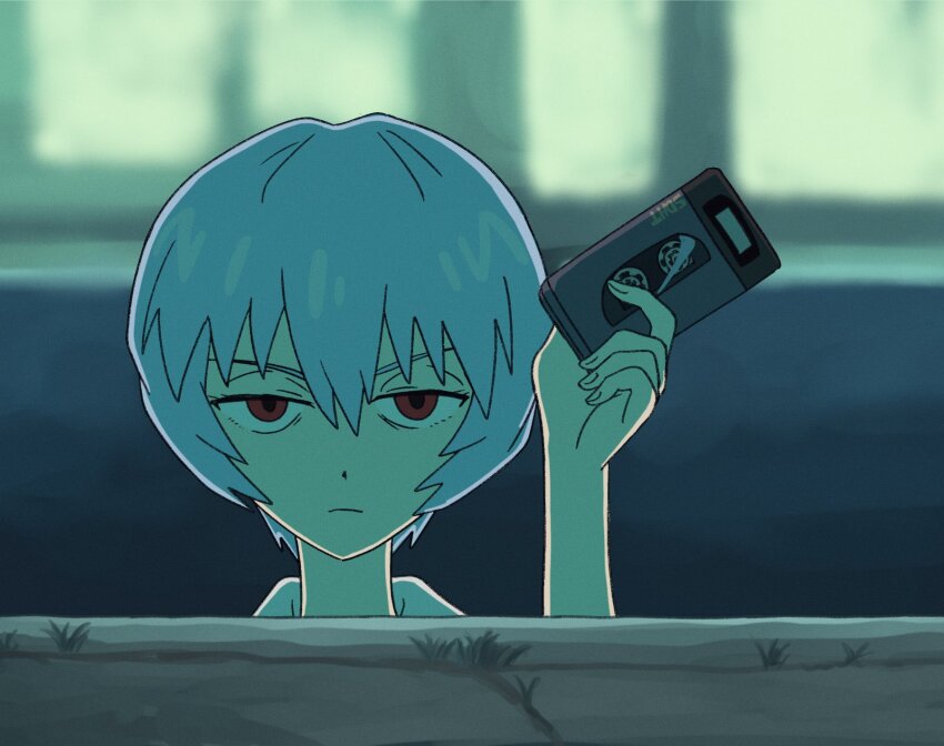 1girl :/ artist_request ayanami_rei blue_hair cassette_tape collarbone derivative_work disgust hair_between_eyes hand_up looking_at_viewer messy_hair neon_genesis_evangelion red_eyes screenshot_redraw shirt short_hair simple_background solo teeth upper_body white_shirt