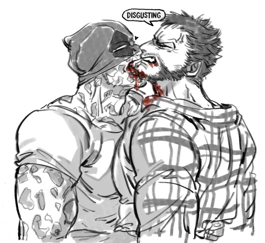 2boys anger_vein biting blood closed_eyes commentary deadpool deadpool_&amp;_wolverine deadpool_(series) english_commentary english_text fang halloween heart highres large_pectorals male_focus marvel marvel mask mask_lift mcbuckwheat multiple_boys muscular muscular_male open_mouth pectoral_docking pectoral_press pectorals scar shirt short_hair short_sleeves speech_bubble teeth vampire wolverine_(x-men) x-men yaoi