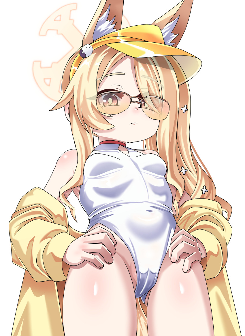 1girl absurdres animal_ear_fluff animal_ears blonde_hair blue_archive breasts clothing_cutout covered_navel cross_halo diamond_cutout fox_ears fox_girl fox_tail from_below halo hands_on_own_hips highleg highleg_one-piece_swimsuit highres jacket karan_(15847284) long_hair looking_at_viewer official_alternate_costume official_alternate_hairstyle one-piece_swimsuit orange-tinted_eyewear orange_eyes seia_(blue_archive) seia_(swimsuit)_(blue_archive) side_ponytail simple_background small_breasts solo sunglasses swimsuit tail tinted_eyewear visor_cap white_background white_one-piece_swimsuit yellow_halo yellow_jacket yellow_visor