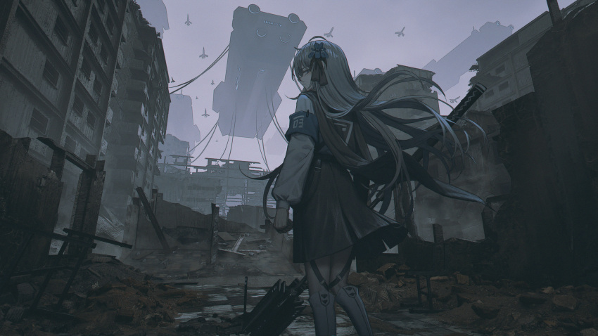 1girl absurdres armband black_skirt boots building commentary commission english_commentary from_behind grey_eyes grey_hair hair_between_eyes highres knee_boots long_hair long_sleeves looking_at_viewer looking_back original pixiv_commission puffy_long_sleeves puffy_sleeves ruins safety_pin shirt skirt solo very_long_hair weapon white_boots white_shirt yurika-r