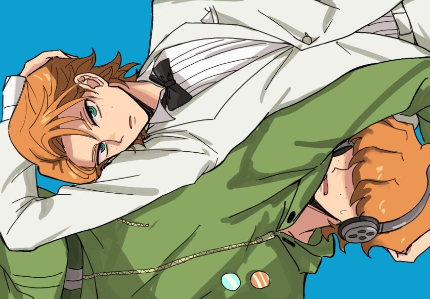 1boy black_bow black_bowtie blue_background blue_eyes bow bowtie brief_(psg) commentary commentary_request freckles full-length_zipper ghostbusters_uniform green_hoodie hair_over_eyes hair_pulled_back headphones hood hoodie male_focus nervous open_mouth orange_hair panty_&amp;_stocking_with_garterbelt short_hair simple_background smile tuxedo wpous121 zipper