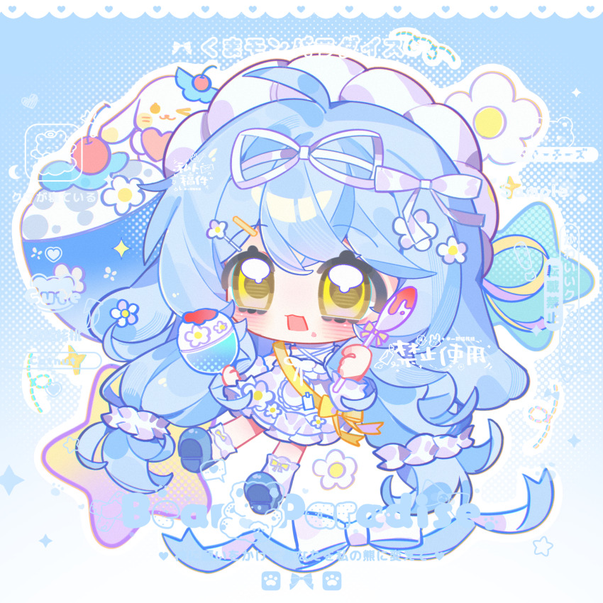 1girl ahoge blue_background blue_hair blue_shoes blush chibi chibi_only dress frilled_dress frills full_body grey_dress hair_between_eyes hair_ribbon highres holding holding_spoon long_hair long_sleeves open_mouth original ribbon shoes socks solo spoon watermark weibo_watermark white_socks yellow_eyes yikemaohetao