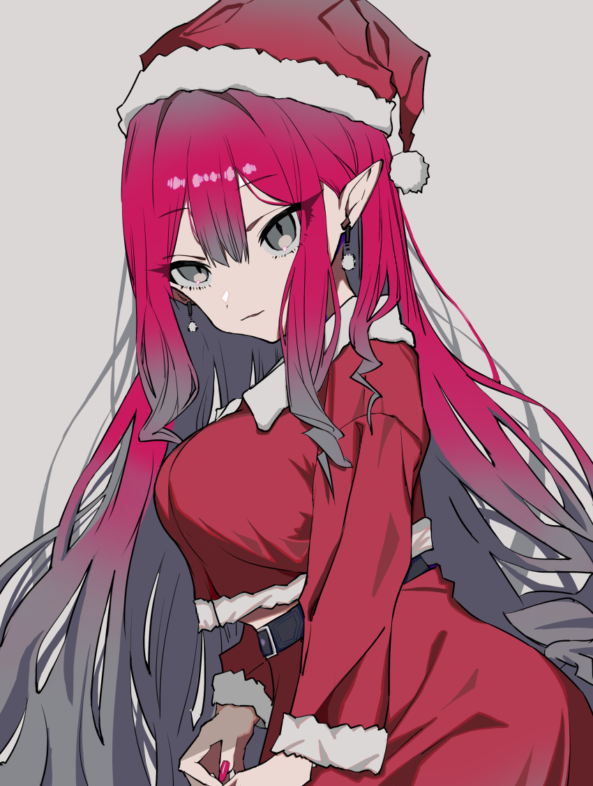 1girl absurdres baobhan_sith_(fate) breasts earrings fate/grand_order fate_(series) grey_eyes hat highres jewelry looking_at_viewer mochizuki_kei_(style) pink_hair pointy_ears red_hat santa_costume santa_hat sidelocks smile white_background xiaox096