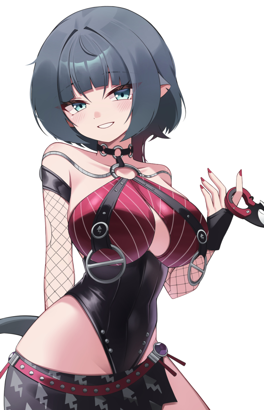 1girl animal_ears bare_shoulders black_hair blue_eyes blush breasts commentary_request fingernails gradient_hair highres holding holding_weapon jane_doe_(nocturne_of_light)_(zenless_zone_zero) jane_doe_(zenless_zone_zero) large_breasts long_hair looking_at_viewer mouse_ears mouse_girl mouse_tail multicolored_hair nail_polish official_alternate_costume one-piece_swimsuit puleudingding red_hair red_nails simple_background smile solo swimsuit tail weapon white_background zenless_zone_zero