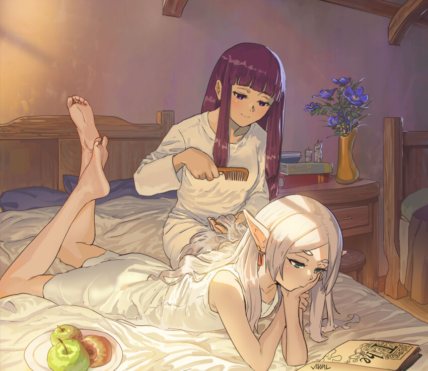 2girls absurdres apple barefoot book book_stack brushing_another's_hair brushing_hair candle closed_mouth comb commentary crossed_ankles dress earrings elbow_rest elf english_commentary feet feet_up fern_(sousou_no_frieren) flower food frieren fruit green_eyes grey_hair hair_down hand_on_own_cheek hand_on_own_face head_rest highres holding holding_another's_hair holding_comb indoors jewelry justin_leyva_(steamy_tomato) light_blush long_hair long_pointy_ears long_sleeves lying multiple_girls nightstand on_bed on_stomach open_book parted_bangs plate pointy_ears purple_eyes purple_flower purple_hair reading short_eyebrows sitting sleepwear sleeveless sleeveless_dress smile soles sousou_no_frieren teardrop_earrings the_pose toes vase white_dress