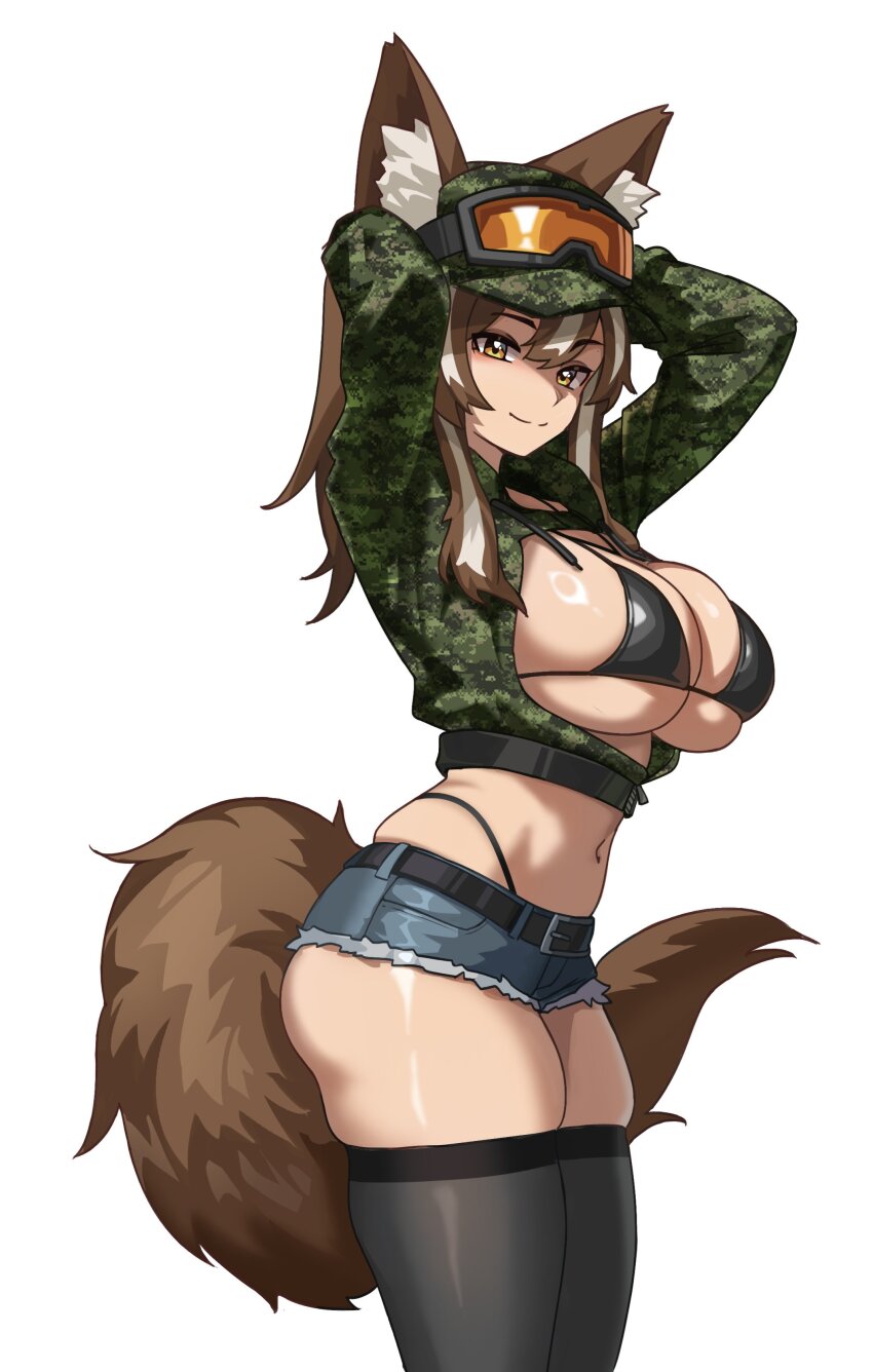 1girl absurdres adjusting_hair bikini black_bikini black_thighhighs breasts brown_hair cadpat callisto_(greyeth) chance8000 commentary commission cowboy_shot cropped_jacket denim denim_shorts english_commentary fox_tail goggles goggles_on_headwear highres large_breasts looking_at_viewer micro_bikini midriff multicolored_hair orange_eyes original second-party_source shiny_skin short_shorts shorts skindentation solo swimsuit tail thighhighs white_background