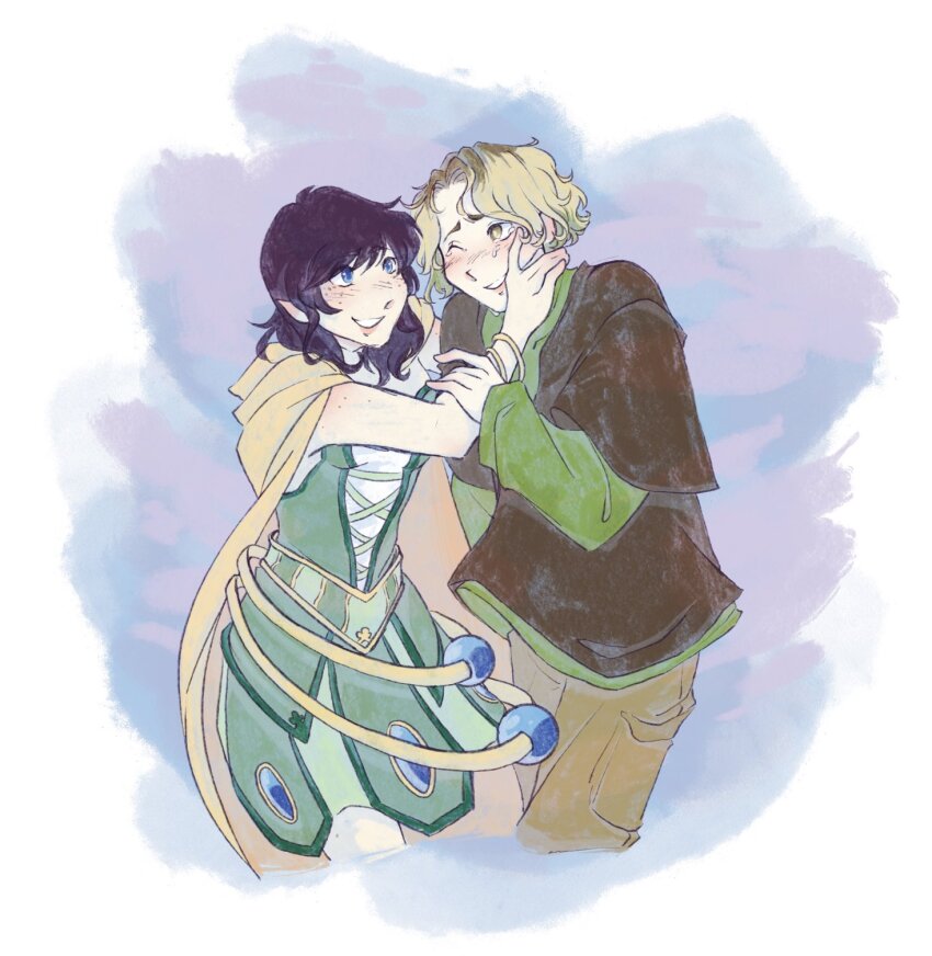 1boy 1girl avanna blonde_hair blue_eyes bracelet breasts brown_hair brown_pants brown_shirt cape commentary crimsonsnippet cropped_legs crying dress english_commentary eye_contact freckles green_dress green_shirt grin hand_on_another's_face highres jewelry layered_shirt lips looking_at_another medium_breasts medium_hair multicolored_hair one_eye_closed pants po-uta pointy_ears purple_hair shirt short_hair smile tears two-tone_hair vocaloid wavy_hair yellow_cape yellow_eyes