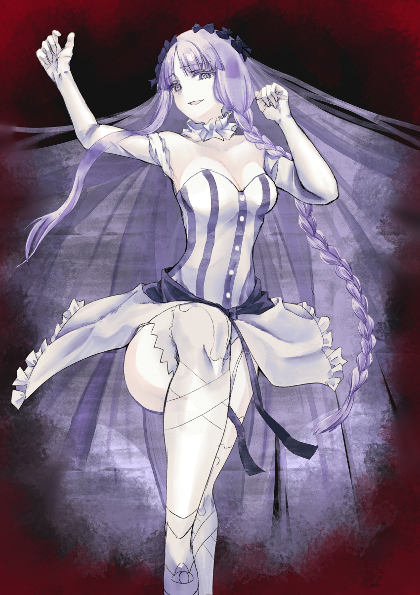 1girl absurdres bare_shoulders black_bow blush bow braid breasts cleavage collar colored_inner_hair commentary_request detached_sleeves dress fate/strange_fake fate_(series) francesca_prelati_(fate) frilled_collar frills grey_eyes grey_hair hair_bow highres long_hair looking_at_viewer medium_breasts multicolored_hair open_mouth parted_bangs pon-de-c2 ringed_eyes sidelocks smile solo striped_clothes striped_dress thighhighs thighs very_long_hair white_dress white_hair white_thighhighs