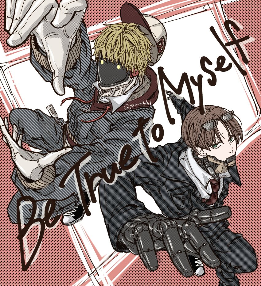 2boys baseball_cap blonde_hair brown_hair cyborg eyewear_on_head formal_clothes glasses halftone halftone_background hat highres hood hoodie jacket kurt_cramer long_sleeves looking_at_viewer machiyama_yuu male_focus max_mccalister metal_jaw milky_galactic_universe milky_subway multiple_boys necktie no_mouth patterned_background red_hoodie shoes sneakers suit twitter_username