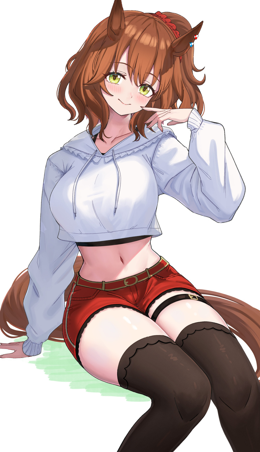 1girl absurdres alternate_costume animal_ears arm_support aston_machan_(umamusume) belt belt_buckle black_thighhighs blush breasts brown_hair buckle closed_mouth commentary_request cropped_hoodie crown green_eyes hand_up head_tilt highres hood hood_down hoodie horse_ears horse_girl horse_tail large_breasts long_sleeves looking_at_viewer medium_hair midriff navel red_belt red_shorts short_shorts shorts simple_background sitting smile solo stomach tail take978733141 thighhighs thighs umamusume white_background white_hoodie