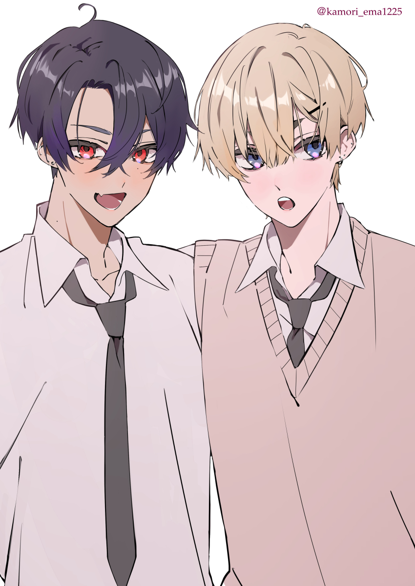 2boys :d absurdres ahoge artist_name black_hair black_necktie blonde_hair blue_eyes brown_sweater_vest collared_shirt commentary_request curtained_hair double-parted_bangs dress_shirt earrings fang hair_between_eyes hair_ornament hairpin highres jewelry kamori_ema light_blush looking_at_viewer male_focus multiple_boys necktie open_mouth original red_eyes school_uniform shirt short_hair simple_background skin_fang smile stud_earrings sweater_vest twitter_username upper_body v-neck very_short_hair white_background white_shirt wing_collar