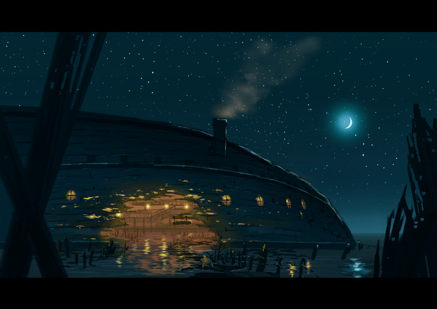 absurdres animal animal_focus building commentary_request crescent_moon highres moon night no_humans original scenery sky star_(sky) starry_sky sumassha_t_t tortoise turtle