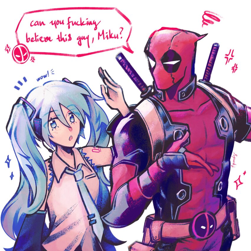 1boy 1girl anger_vein arm_up blue_eyes blue_hair blue_necktie blush bodysuit collared_shirt covered_collarbone deadpool deadpool_(series) detached_sleeves double-parted_bangs english_text grey_shirt hair_between_eyes hatsune_miku highres long_hair long_sleeves looking_at_another marvel necktie open_mouth red_bodysuit sheath sheathed shirt simple_background sleeveless sleeveless_shirt speech_bubble spurkj sword tie_clip twintails vocaloid weapon white_background