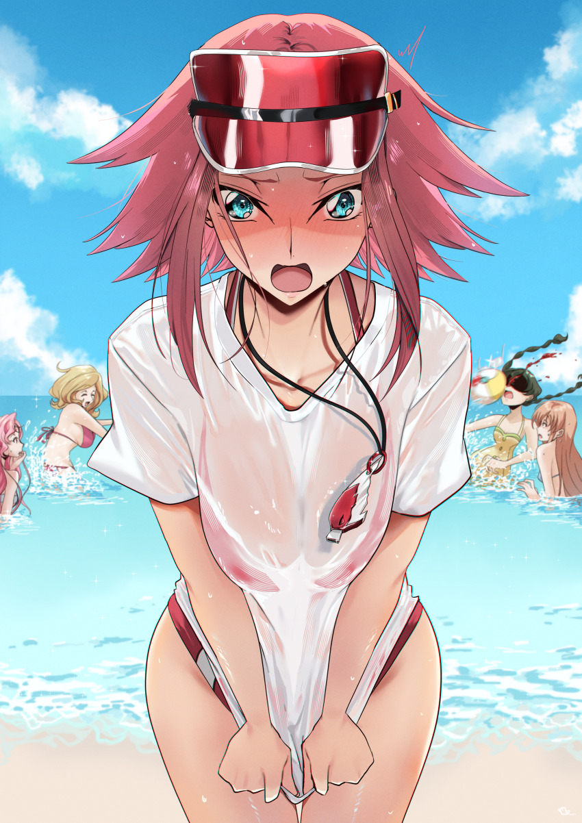 5girls absurdres ball beach beachball bikini blonde_hair blood blue_eyes blush braid braided_twintails breasts budgiepon code_geass collarbone embarrassed euphemia_li_britannia highres jewelry kouzuki_kallen large_breasts long_hair medium_hair milly_ashford multiple_girls necklace nina_einstein ocean open_mouth parted_bangs pink_hair red_hair shirley_fenette shirt swimsuit visor_cap water wet wet_clothes wet_shirt