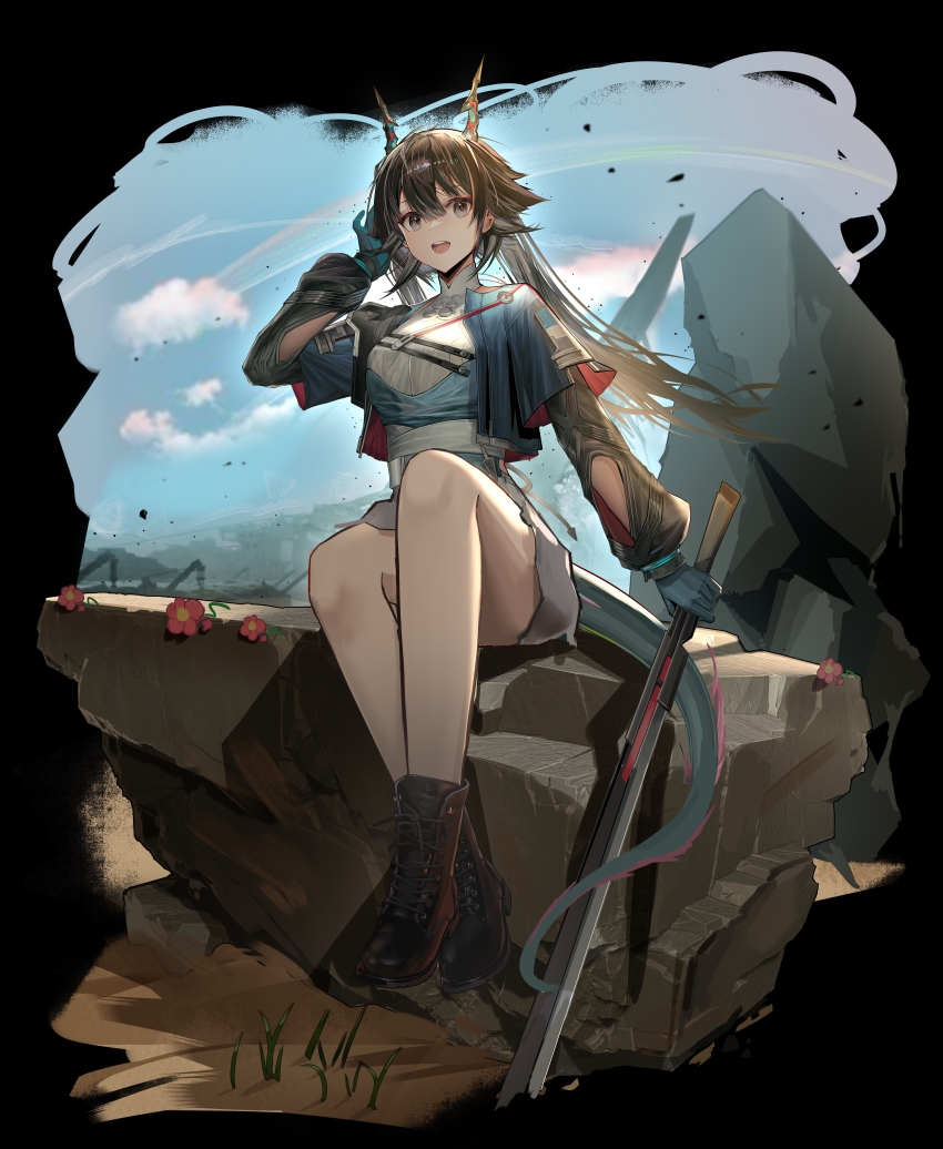 1girl :d absurdres arknights arknights:_endfield arm_cutout awr black_hair black_sleeves blue_gloves blue_jacket boots brown_boots chen_qianyu_(arknights) clothing_cutout commentary_request copyright_name cropped_jacket crossed_ankles dragon_girl dragon_horns dragon_tail full_body gloves grey_eyes hand_up highres holding holding_sword holding_weapon horns jacket long_hair long_sleeves looking_at_viewer open_clothes open_jacket open_mouth shirt sitting skirt smile solo sword tail twintails weapon white_shirt white_skirt