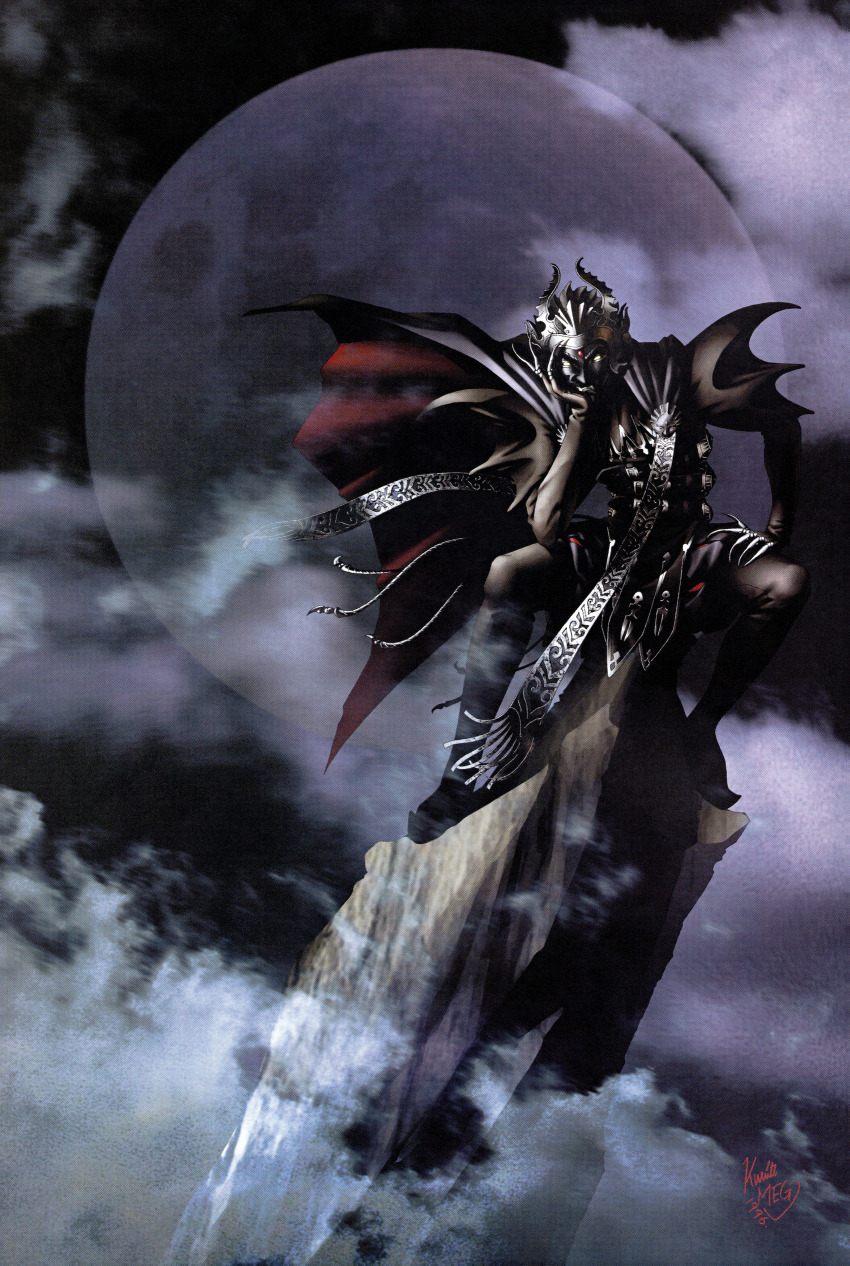 1996 1boy absurdres artist_name belt cape claws cliff cloud cloudy_sky forehead_jewel head_rest highres horns kazuma_kaneko male_focus moon night official_art persona persona_(summon) persona_1 photoshop_(medium) pointy_shoes shiraishi_megumi_(colorist) shoes signature sitting sky solo teeth third-party_source vishnu_(persona)