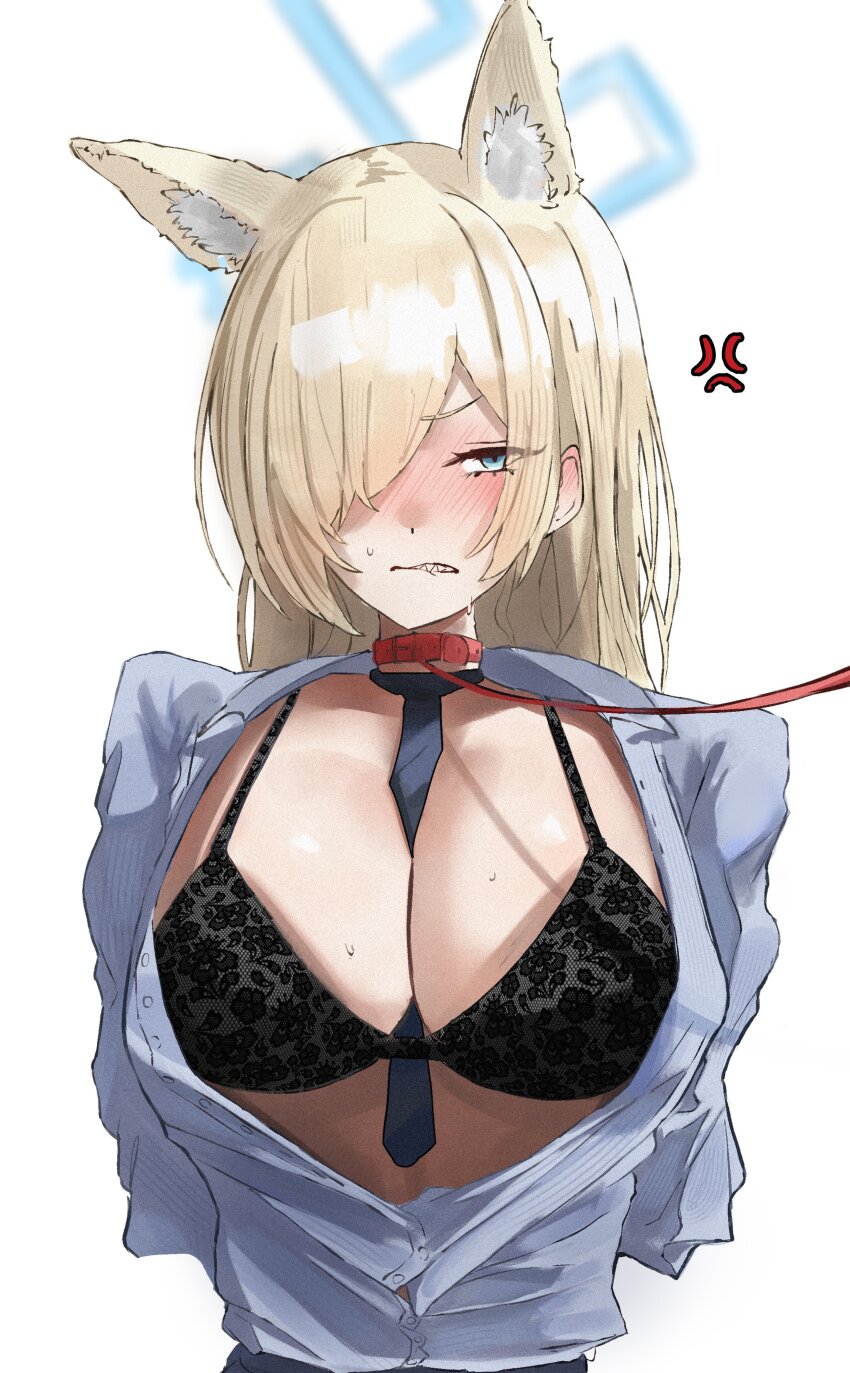1girl absurdres anger_vein animal_ears between_breasts biting_own_lip blonde_hair blue_archive blue_eyes bra breasts cleavage commentary dog_ears dog_girl english_commentary highres holding holding_leash kanna_(blue_archive) large_breasts leash long_hair necktie necktie_between_breasts noloi419 open_clothes open_shirt simple_background underwear white_background