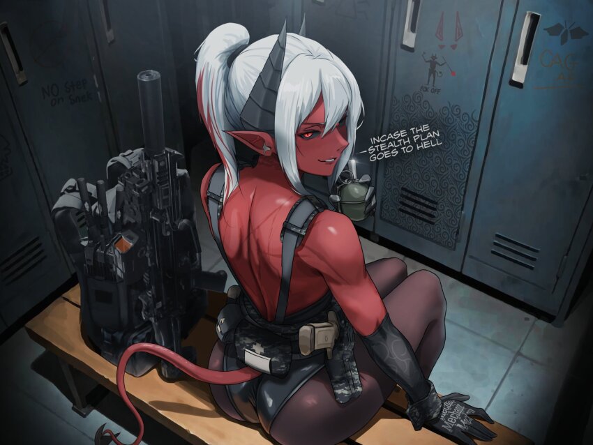 1girl ass assault_rifle bag bare_shoulders black_gloves black_leotard black_pantyhose black_sclera colored_sclera colored_skin commentary commission demon_tail dgkamikaze english_commentary english_text explosive from_behind gloves graffiti grenade grey_hair gun high_ponytail highres holding holding_grenade indoors leotard locker locker_room looking_at_viewer original pantyhose pointy_ears ponytail red_eyes red_skin red_tail rifle scar scar_on_back smirk solo tail weapon