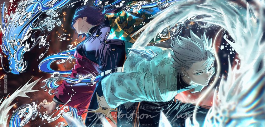 2boys adapted_costume aqua_eyes aqua_haori bad_tag bleach blue_eyes blue_hair commentary crossover demon_slayer_uniform haori highres hitsugaya_toushirou hitsuran99 hydrokinesis ice japanese_clothes kimetsu_no_yaiba male_focus multiple_boys ponytail snowflake_print spiked_hair tomioka_giyuu water watermark white_hair