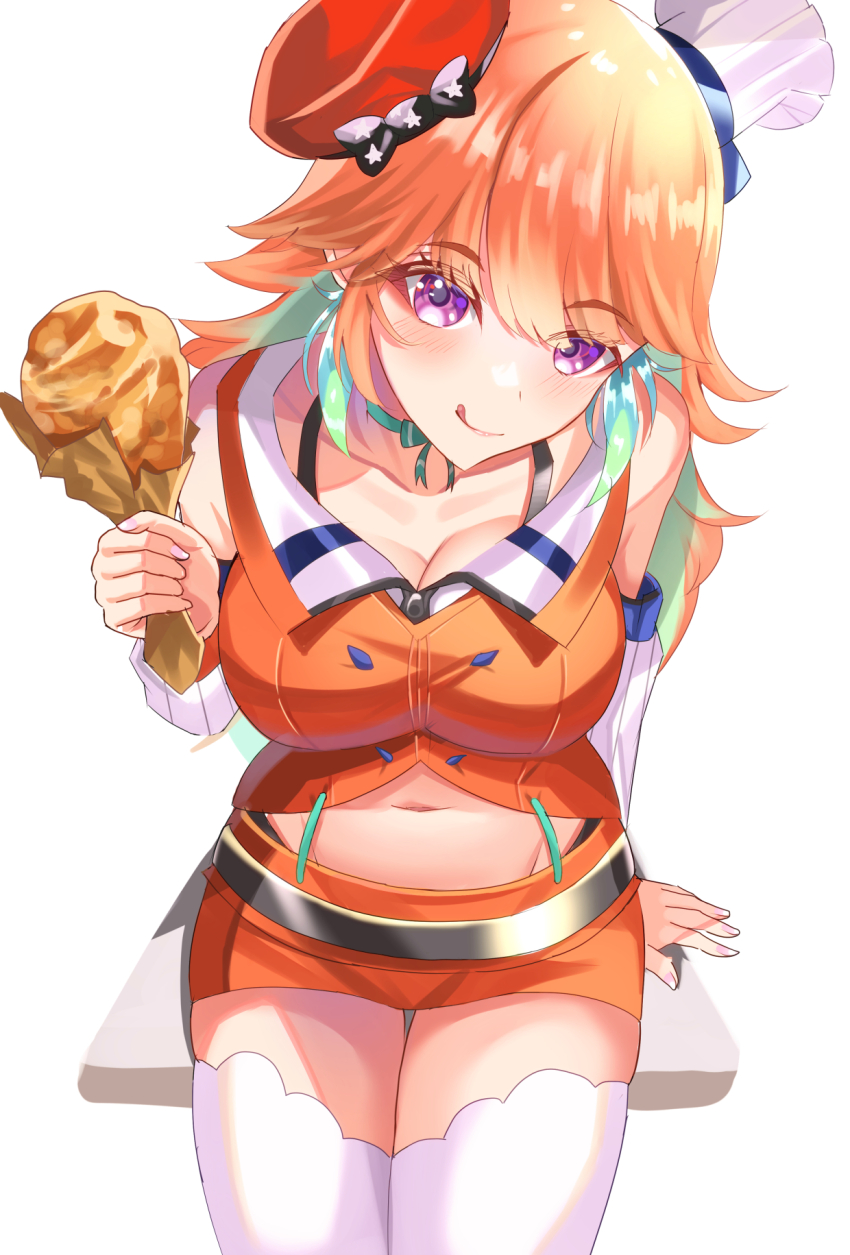 1girl blue_hair blush breasts chef_hat chicken_(food) chicken_leg cleavage collarbone commentary detached_sleeves food hat head_tilt highres holding holding_food hololive hololive_english large_breasts licking_lips long_hair looking_at_viewer midriff miniskirt multicolored_hair multiple_hats navel orange_hair orange_shirt orange_skirt purple_eyes red_hat shirt simple_background sitting skirt smile solo symbol-only_commentary takanashi_kiara thighhighs tilted_headwear tongue tongue_out two-tone_hair virtual_youtuber white_background white_hat white_sleeves white_thighhighs zacky
