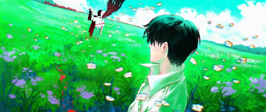 belt black_belt black_hair black_pants body_horror cloud collared_shirt commentary double_was_here english_commentary falling_flower grass highres hikaru_ga_shinda_natsu indou_hikaru looking_at_another mole mole_on_cheek outdoors pants shirt shirt_tucked_in short_hair sky standing tsujinaka_yoshiki twitter_username v white_shirt