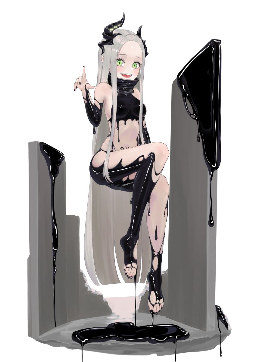 1girl :d absurdres bare_shoulders barefoot bikini black_bikini black_horns black_liquid black_nails blush breasts commentary floating forehead full_body goddess_of_victory:_nikke green_eyes grey_hair hair_between_eyes hand_up highres horns latex_bikini leviathan_(nikke) liquid_clothes long_hair looking_at_viewer medium_breasts navel open_mouth parted_bangs piercing pointy_ears pubic_tattoo simple_background smile solo swimsuit tattoo teeth tongue_piercing uuuu_(freitag_nacht) very_long_hair white_background