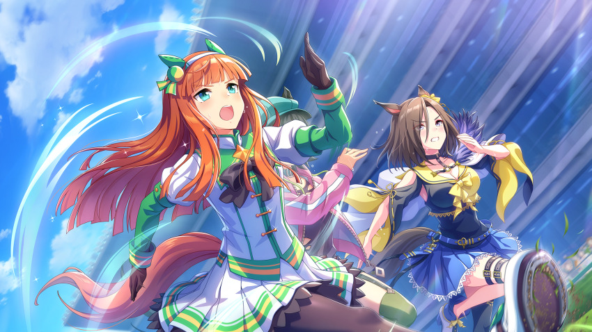3girls air_groove_(empress_road)_(umamusume) air_groove_(umamusume) animal_ears blue_eyes breasts cleavage cloud collarbone day game_cg gloves grass hair_ornament headband highres horse_ears horse_girl horse_tail long_hair looking_to_the_side multiple_girls official_art open_mouth pantyhose running shoes short_hair silence_suzuka_(innocent_silence)_(umamusume) silence_suzuka_(umamusume) sky sweat tail umamusume