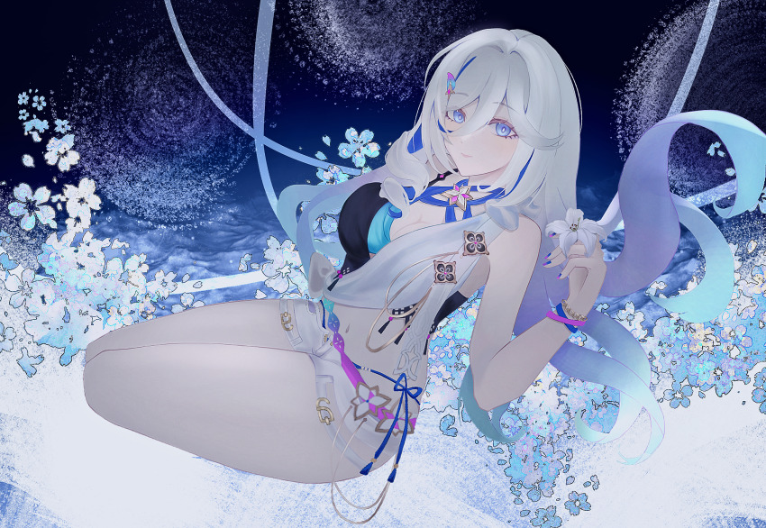 1girl bikini blue_bikini blue_eyes blue_sky bracelet breasts chinese_commentary cleavage commentary_request cropped_legs field flower flower_field highres holding holding_flower honkai_(series) honkai_impact_3rd jewelry large_breasts lin_yu_jin looking_at_viewer micro_shorts misteln_schariac misteln_schariac_(lulling_waves) official_alternate_costume shorts sky smile solo swimsuit white_hair white_shorts