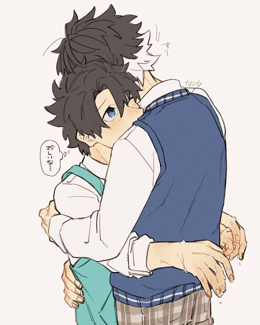 2boys black_hair blue_eyes blue_vest charlemagne_(fate) collared_shirt dripping facing_down fate/grand_order fate_(series) from_side fujimaru_ritsuka_(male) green_vest height_difference highres hug long_sleeves looking_up multicolored_hair multiple_boys nt_029 one_eye_closed pants plaid_clothes plaid_pants shirt sleeves_rolled_up speech_bubble thought_bubble two-tone_hair vest wet white_hair white_shirt yaoi