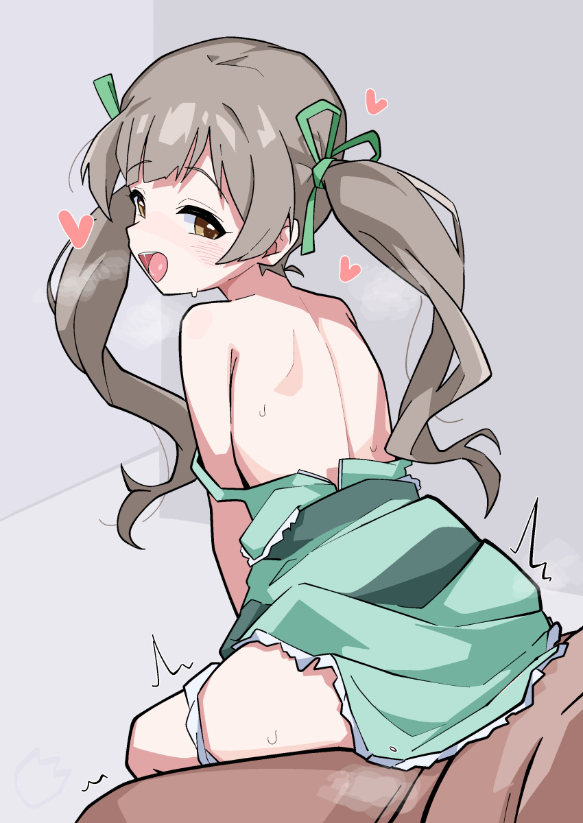 1boy 1girl absurdres blush brown_eyes brown_hair clothed_female_nude_male clothed_sex dress green_dress green_ribbon hair_ribbon hakozaki_serika hetero highres idolmaster idolmaster_million_live! indoors loli looking_back nude ohgi910 open_mouth panties reverse_upright_straddle ribbon sex sex_from_behind sitting sitting_on_lap sitting_on_person solo_focus twintails underwear