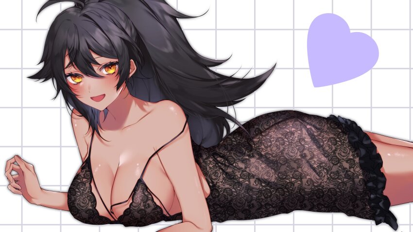 1girl ahoge black_hair black_nightgown breasts cleavage collarbone dark-skinned_female dark_skin floral_print hair_between_eyes heart highres hk45_x indie_virtual_youtuber large_breasts lying neon_harper nightgown on_stomach open_mouth ponytail rose_print second-party_source solo strap_slip virtual_youtuber yellow_eyes