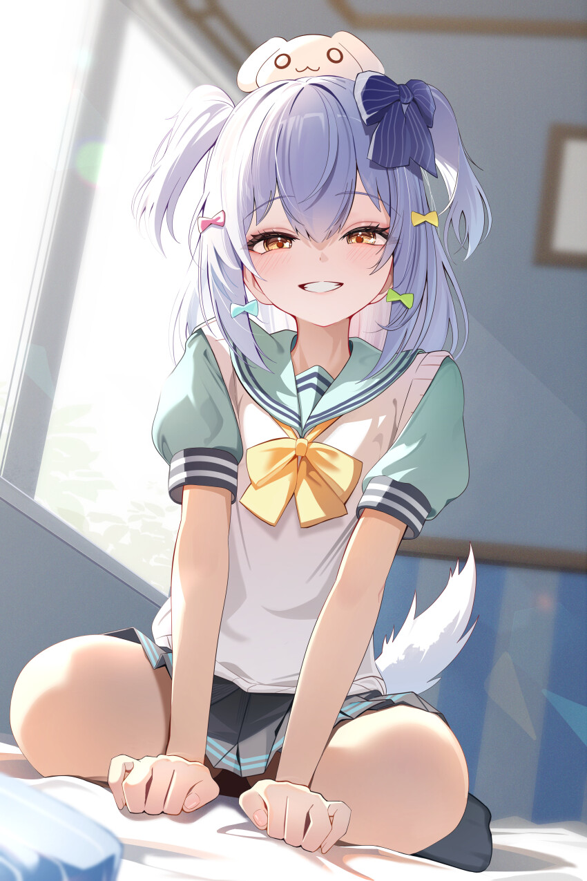 1boy absurdres bed bed_sheet black_skirt black_socks blue_bow blue_ribbon blurry blurry_background blush bow brown_eyes child commentary_request crossdressing crossdressing_(mtf) green_bow green_sailor_collar green_shirt grin hair_bow hair_ribbon highres indoors inuyama_tamaki inuyama_tamaki_(3rd_costume) lens_flare long_hair male_focus multiple_hair_bows noripro official_alternate_costume pink_bow pleated_skirt ribbon sailor_collar shirt short_sleeves sidelocks sikimosh sitting skirt smile socks sunlight sweater_vest trap two_side_up virtual_youtuber wariza white_hair white_sweater_vest window yellow_bow