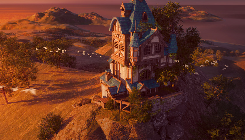 3d building colorful commentary evening highres hill horizon house ideun landscape no_humans ocean original outdoors scenery shore simple_bird sunlight tile_roof tree variant_set