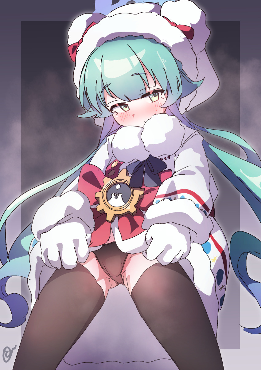 1girl absurdres animal_hood bear_hood black_panties blue_archive blue_halo blush coat coat_dress dress fur-trimmed_coat fur-trimmed_hood fur_trim gloves green_eyes green_hair halo highres hood hood_up hooded_coat lifting_own_clothes loli long_hair long_sleeves looking_at_viewer low_twintails momiji_(blue_archive) panties solo thighhighs to_(tototo_tk) twintails underwear white_coat white_gloves
